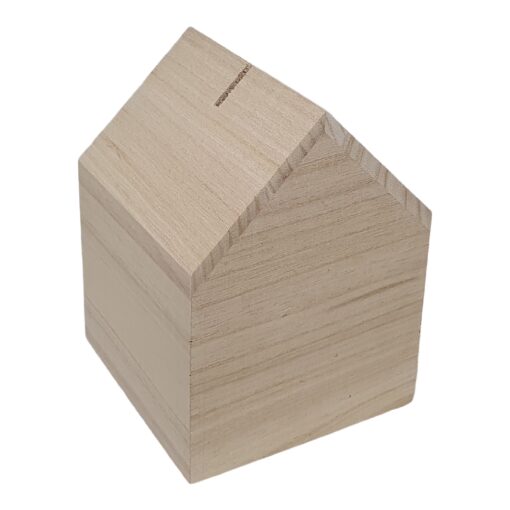 Houten spaarpot in de vorm van een huis om zelf te graveren
